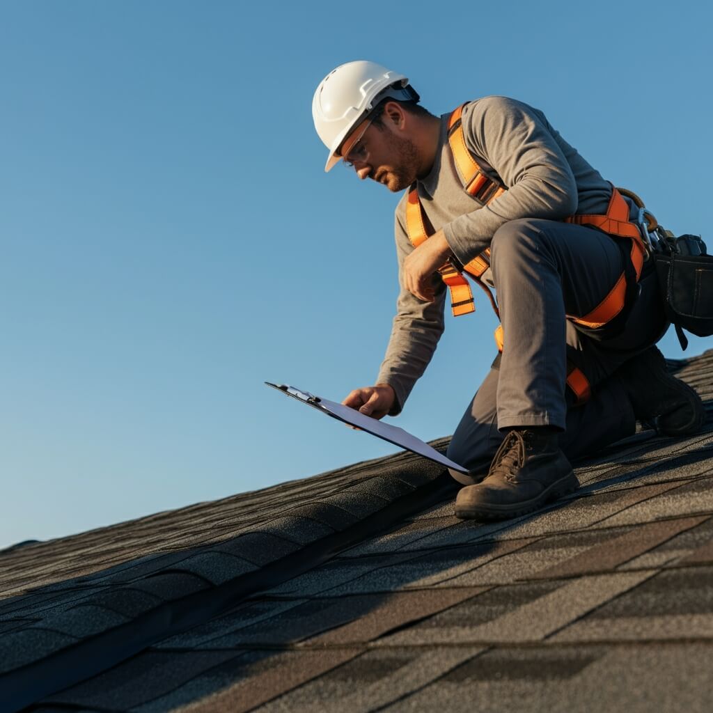 Un travailleur de la construction portant un harnais de sécurité et un casque s’agenouille sur un toit en bardeaux pour effectuer une inspection avec un clipboard à la main, examinant attentivement la toiture sous un ciel bleu clair.
