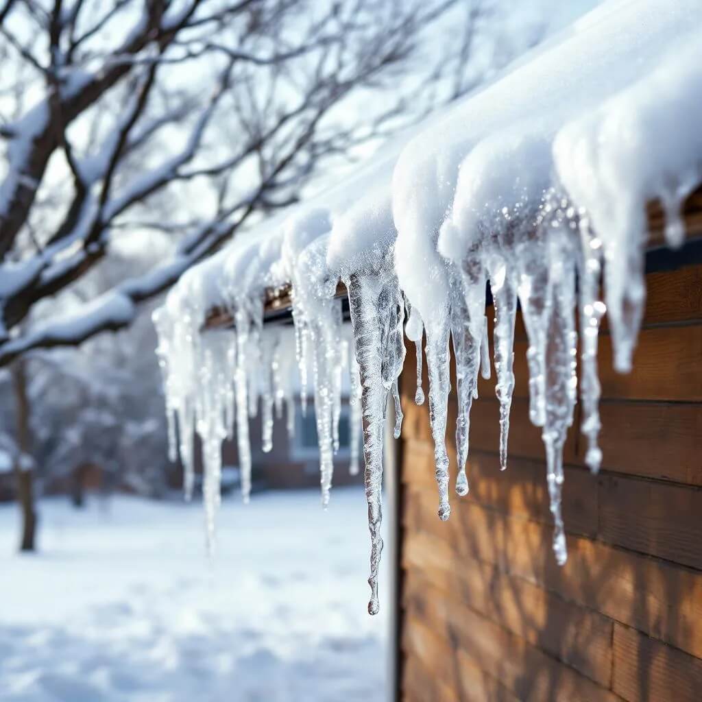 Des glaçons pendent du bord enneigé d’un toit en bois, scintillant au soleil d’hiver. Une digue de glace se forme le long des avant-toits, tandis que la neige recouvre le sol et que des arbres dénudés se dressent en arrière-plan, créant une scène hivernale paisible et froide.